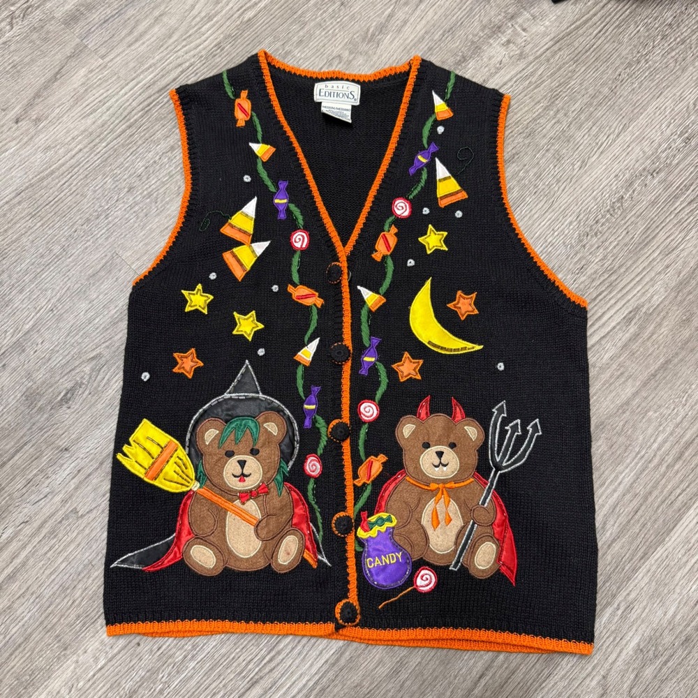 Basic Editions Halloween Teddy Bear Sweater Vest Black Orange Womens Medium